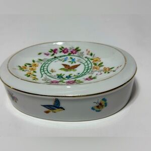 Vintage IW Rice & Co Birds Flowers Porcelain 5" Oval Soap Dish Made in Japan